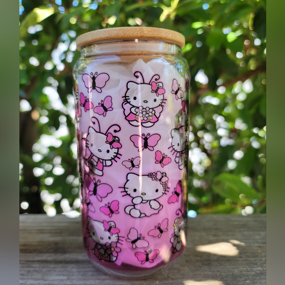 COPY - Hello Kitty Pink Butterfly 16oz Clear Glass Tumbler